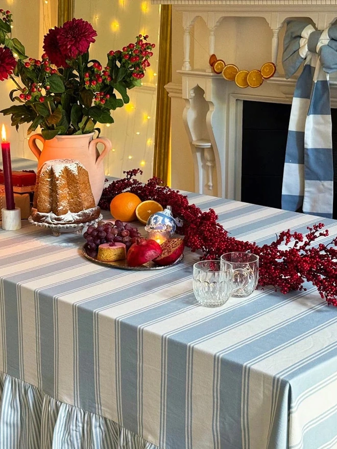 Murano Stripe Organic Ruffled Cotton Tablecloth Ruffle