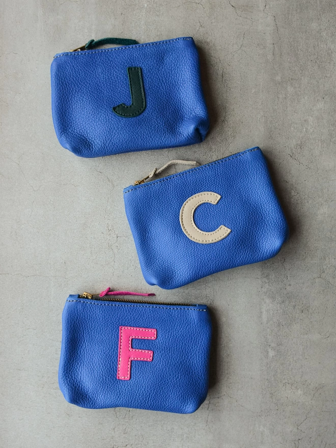 Colbalt Blue Leather Personalised Initial Pouch