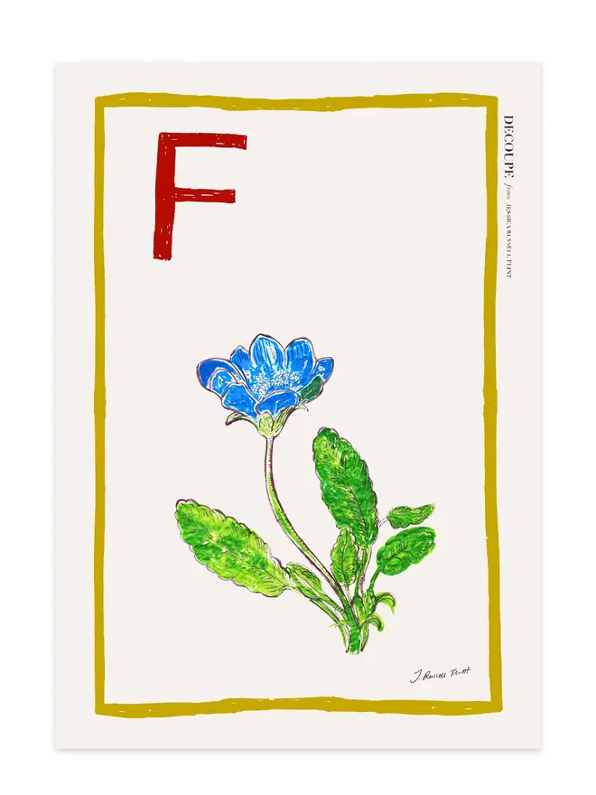 signed a-z alphabet prints. flower print with the letter 'f' in the corner.