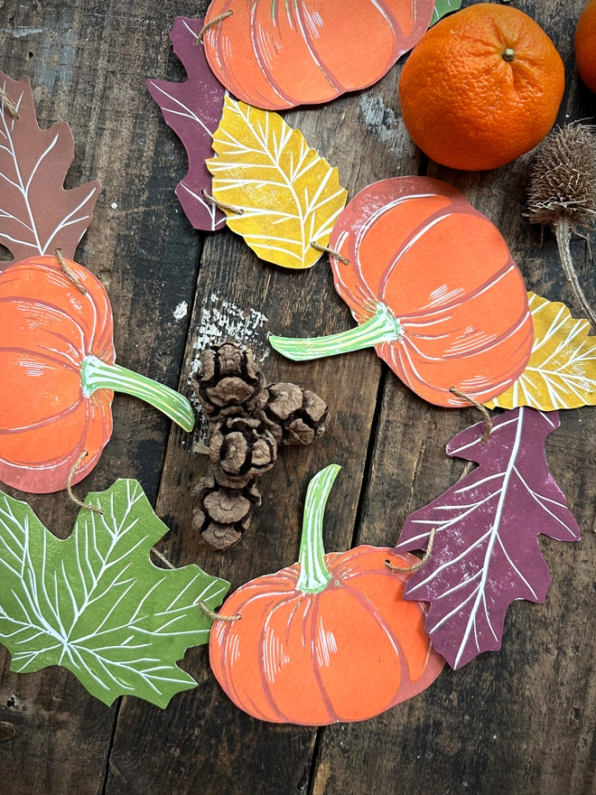 Pumpkin & Leaves Autumnal Garland, Hand Printed Linocut Wall Hanging for Halloween