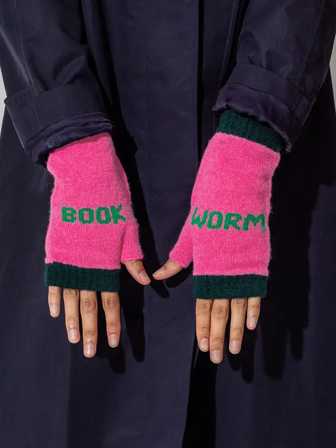 Forest Green- Trimming, Bubble gum - Main colour and Kelly Green - Wording Colour book worm mittens