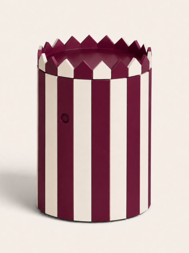 Striped Barrel Table & Large Tray Set. A barrel table and tray set in plum