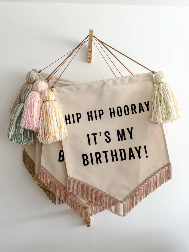 Hip Hip Hooray It's my Birthday Handmade fabric birthday banner decorations hanging on a peg with different colour tassels