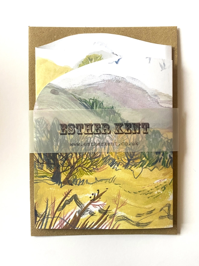 Esther Kent folded Hill and Glen greetings card, showing painted and drawn hilly landscape