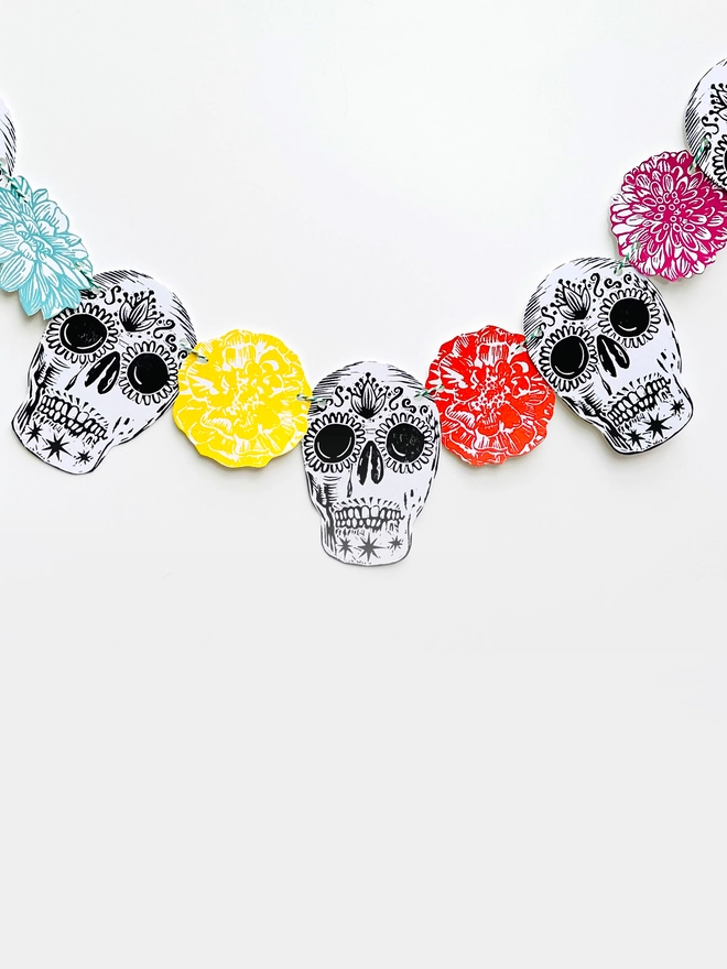 Skull 'Day Of The Dead' Hand Printed Linocut Garland 