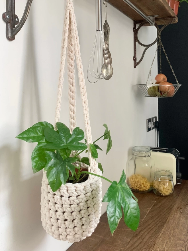 medium indoor cream hanging plant holder, recycled cotton cream three string hanging planter, handmade sustainable crochet decor, rustic natural organic homeware accessories, hanging ceiling plant holder with basket and hook to hang