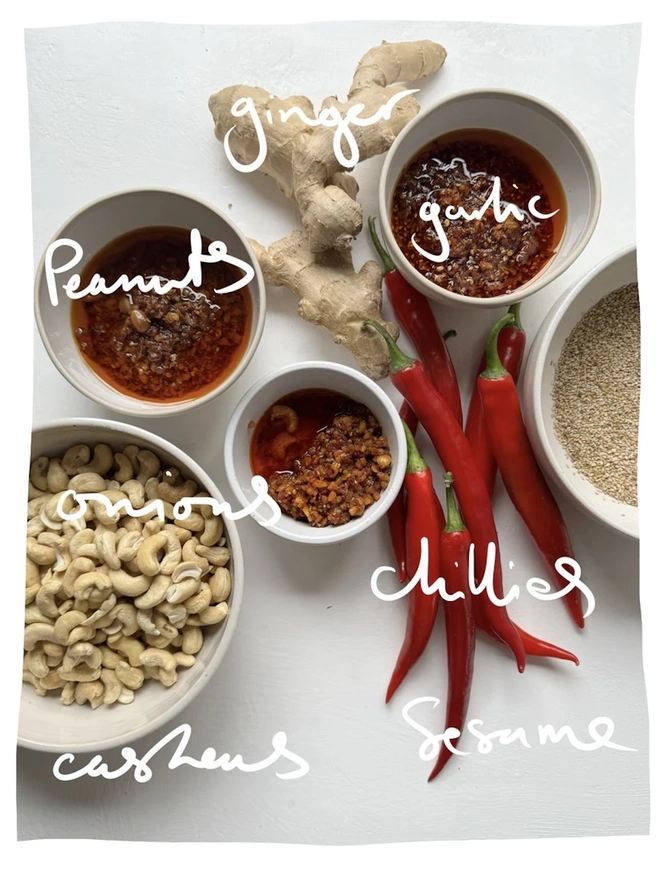 The Saucy Trio (Set Of 3), a group of ingredients sitting on a white table. 