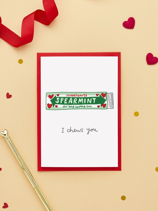 Love card featuring a smiling stick of chewing gum and the caption 'I Chews You'