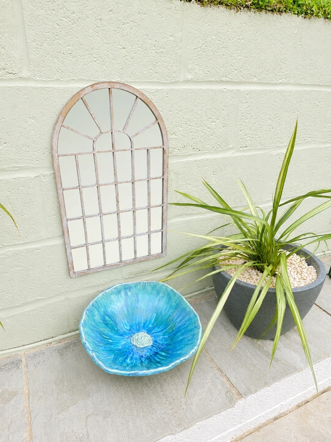 ceramic bird bath in blue glaze, jenny hopps pottery