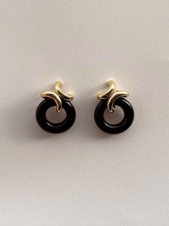 Stunning handcrafted gold and black onyx linked drop earrings, designed to meld with the ear for a super comfortable fit