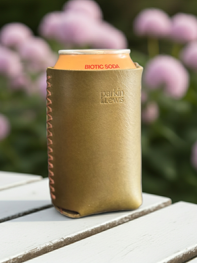 olive green handmade leather drinks can holder