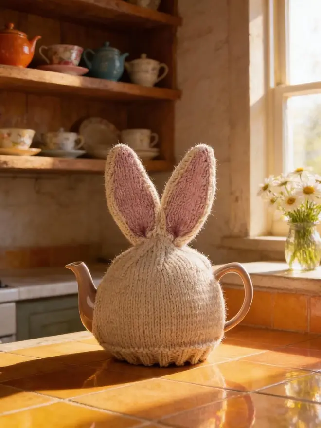 White bunny ears teacosy on a teapot in a kitchen setting, on a wooden table with light beaming in through the window