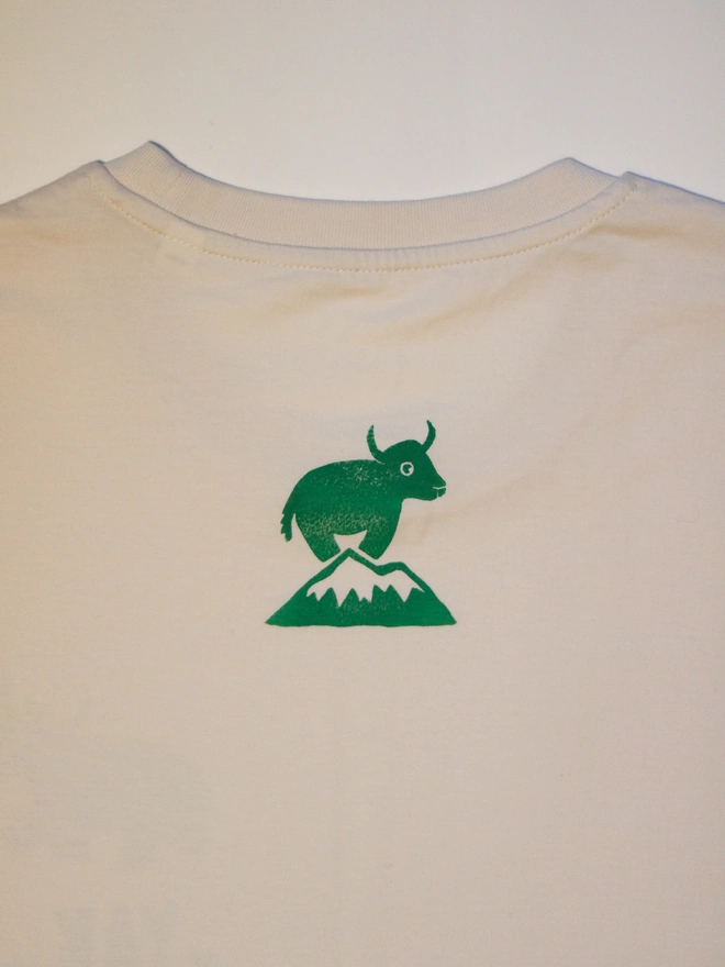 Yak printed on the back of a white t-shirt using a linocut block