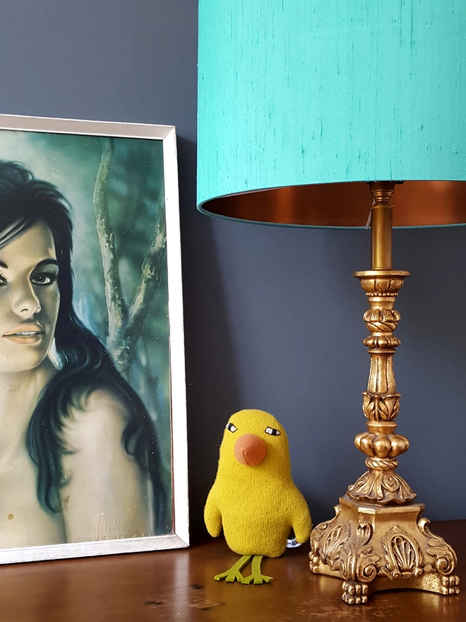 Aqua Blue Silk Handmade Lampshade With Copper or Gold Foil Lining, 