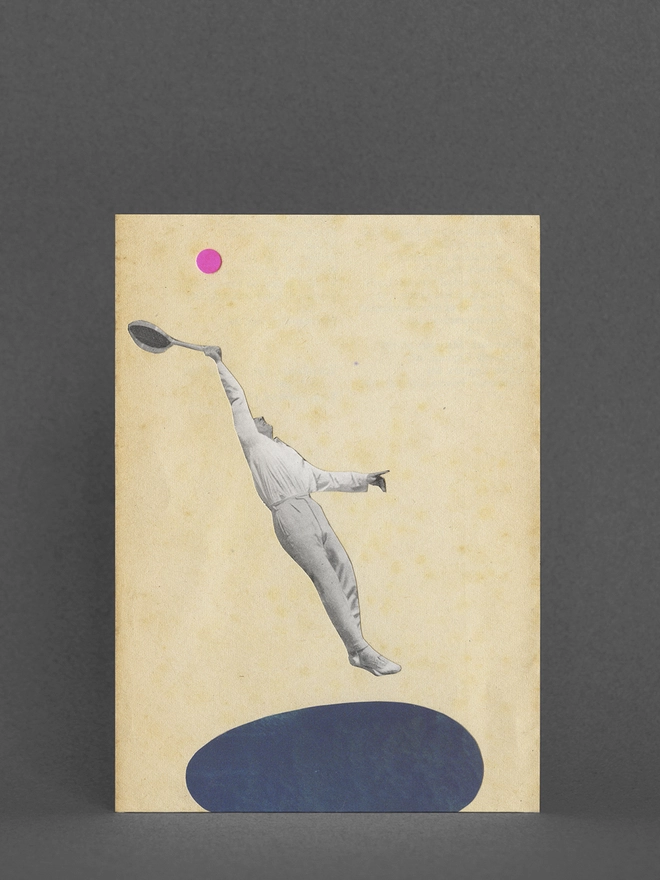A greeting card depicting a male tennis player hitting a ball. 
