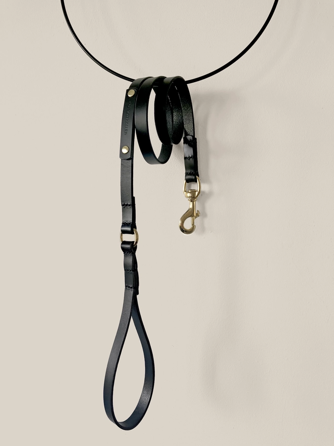 black leather dog lead curled on hook