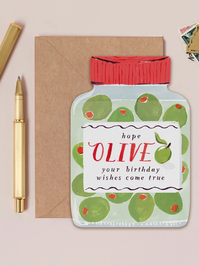 Olives Birthday Card by Sister Paper Co with a kraft envelope