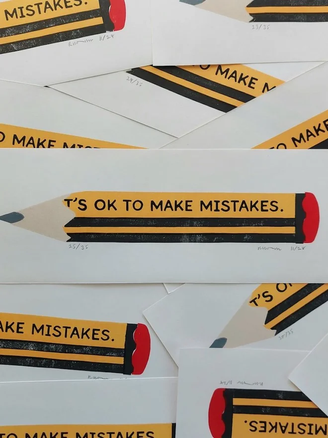 'Its Ok To Make Mistakes' Yellow Pencil Linocut 