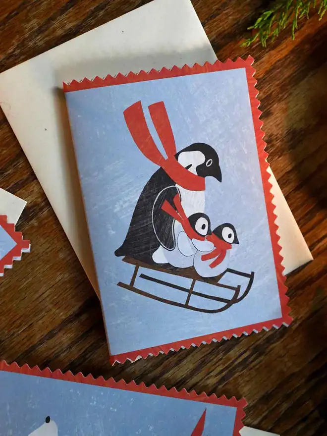 Penguin Family Christmas card Mortlake Papers