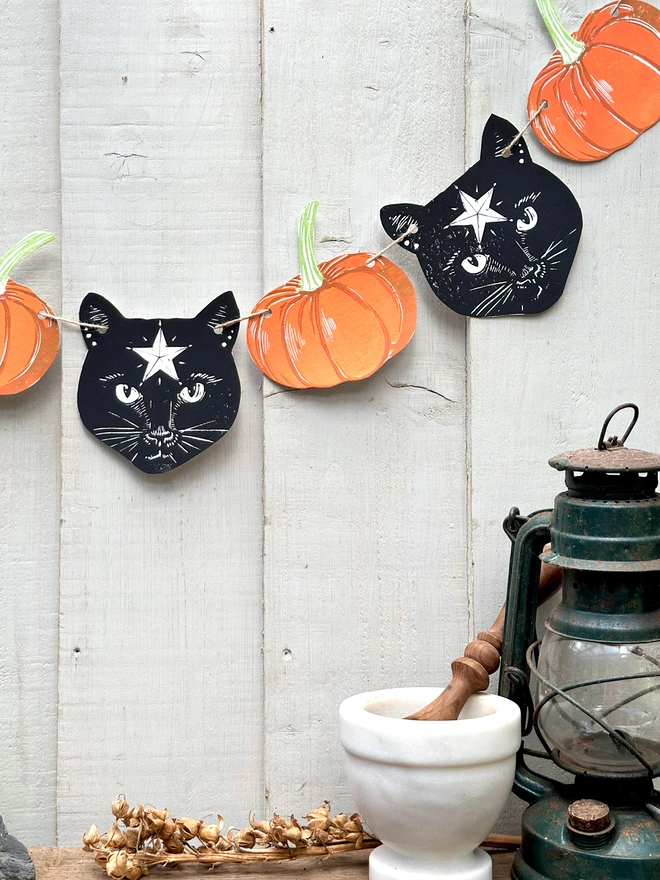 Black Cosmic Cat & Pumpkin Halloween Linocut Garland