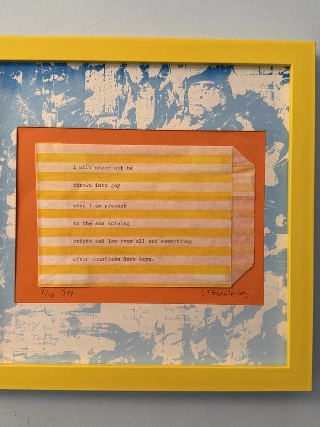 joy wall art framed poetic print yellow orange blue