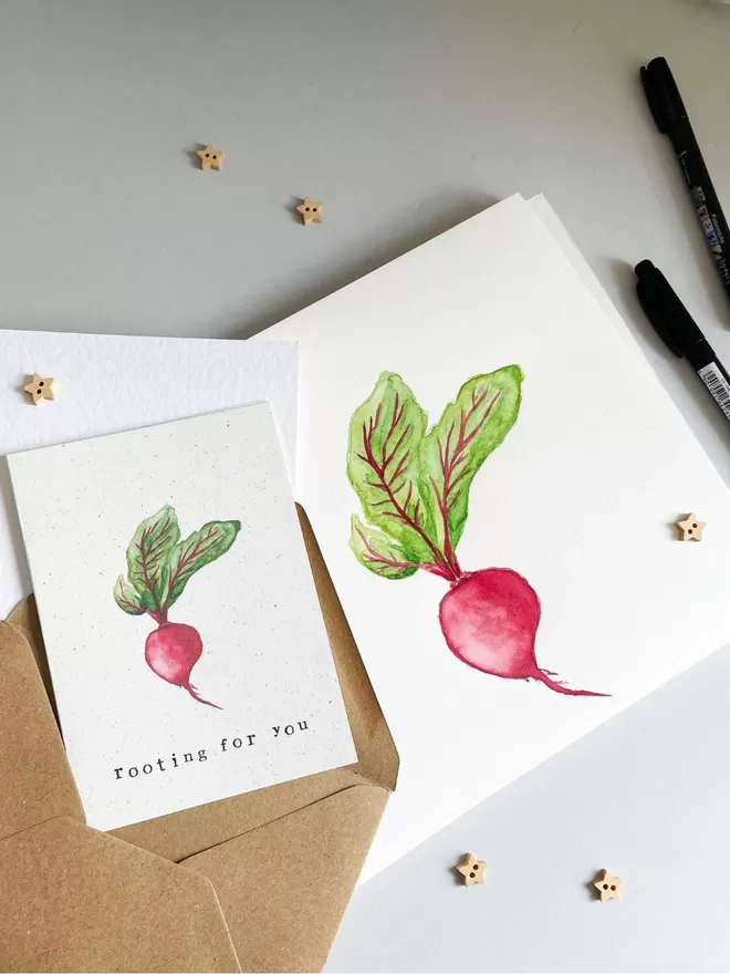 'Rooting For You' Card next to original beetroot painting