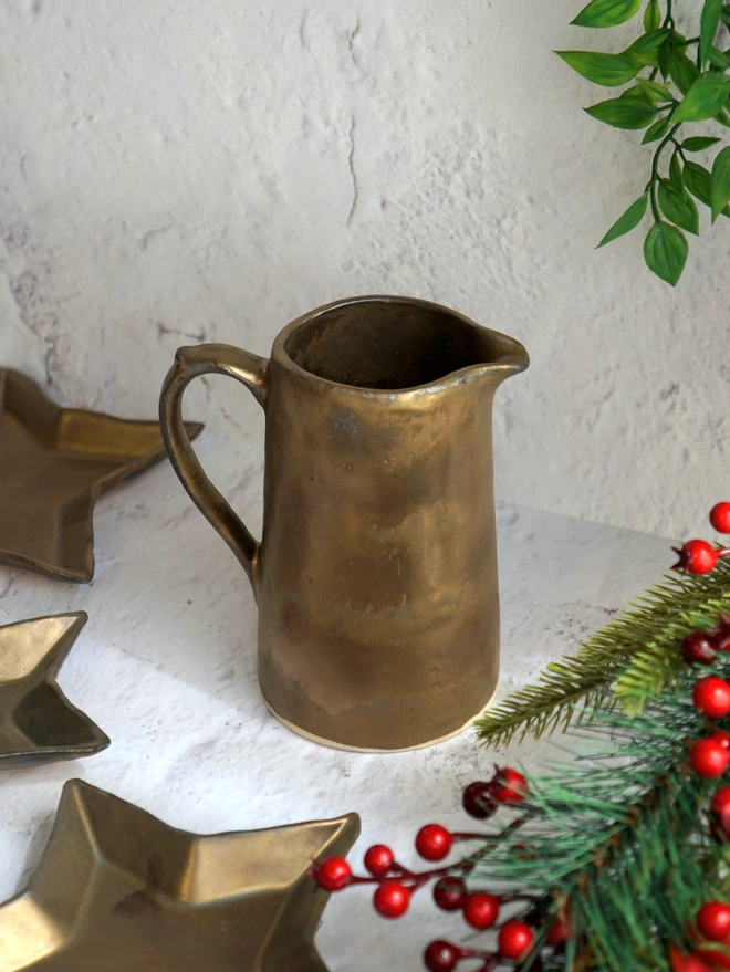christmas jug, gold jug, bronze jug, christmas tableware, ceramic gold jug, Jenny Hopps Pottery