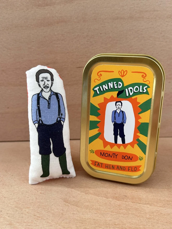 Mini illustrated fabric figure of Gardener's World presenter, Monty Don with a keepsake tin.