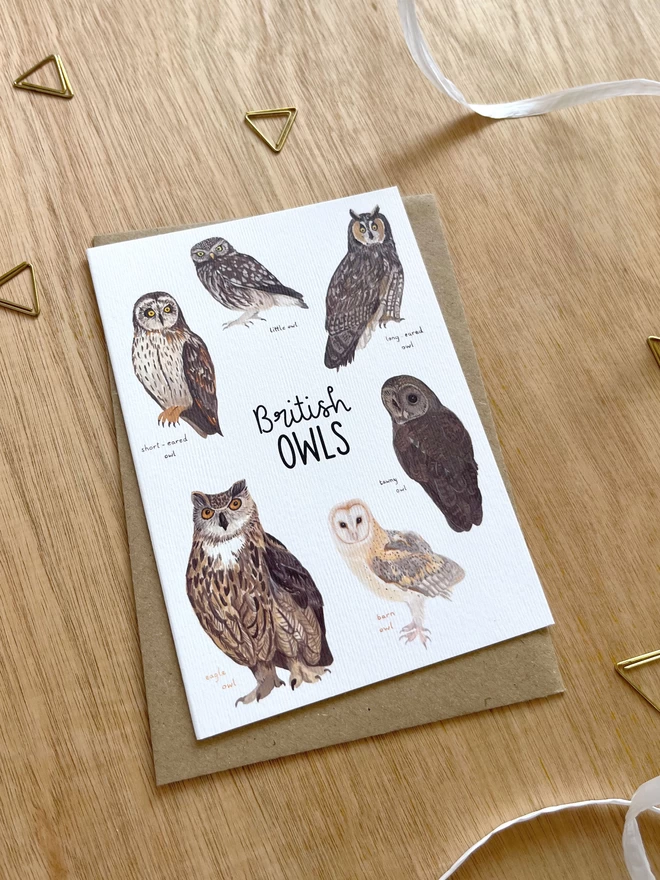 a greetings card featuring owls found in britain and the words “British Owls”