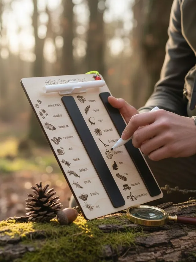 A child holds a personalised wooden scavenger hunt board outdoors on a mossy log. The board features engraved nature‑themed icons and checkboxes, with a white marker used to tick off found items like pinecones, feathers, and acorns. A pinecone, acorn, and magnifying glass rest beside the board, with soft woodland light filtering through the trees to create a warm, exploratory atmosphere.