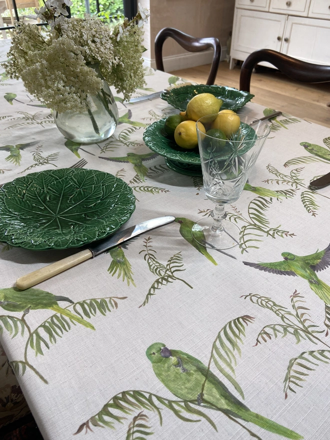 Green pink ringed parakeet bird tablecloth