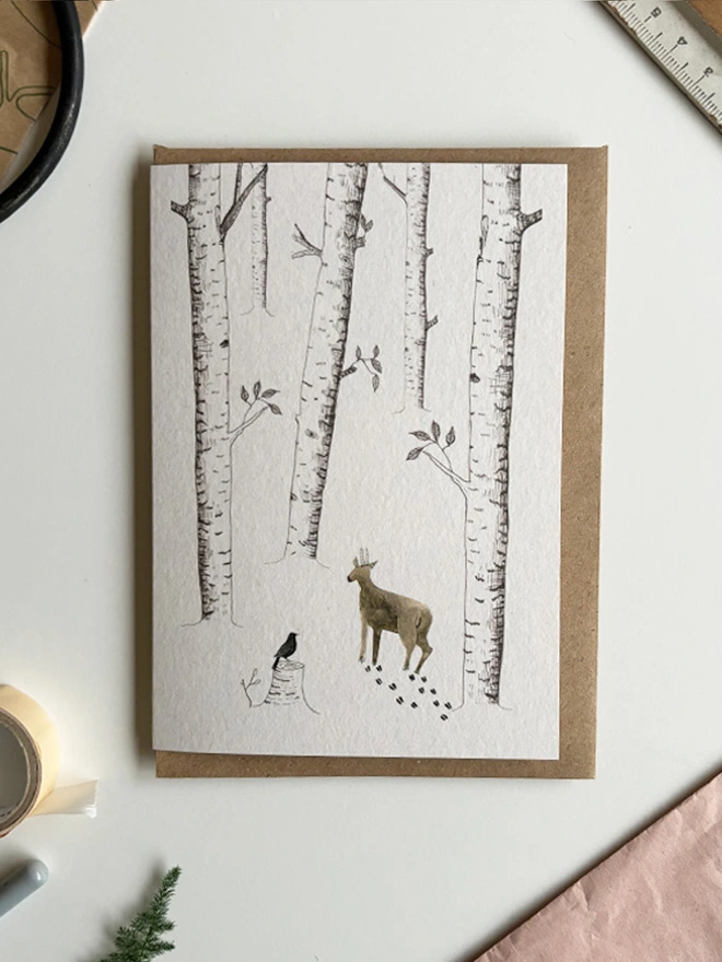 Snow Forest, deer Christmas card