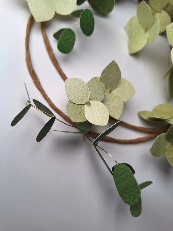Green hydrangea flower wreath, handmade from paper. There is a cluster of 16 hydrangea blooms on the wreath, which is also adorned with single flowers and two types of dark green leafy stems.