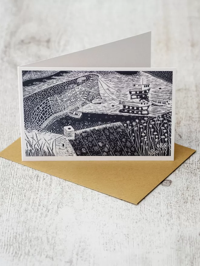 Greeting Card with an image of Porthgain Harbour in St Davids, taken from an original lino print