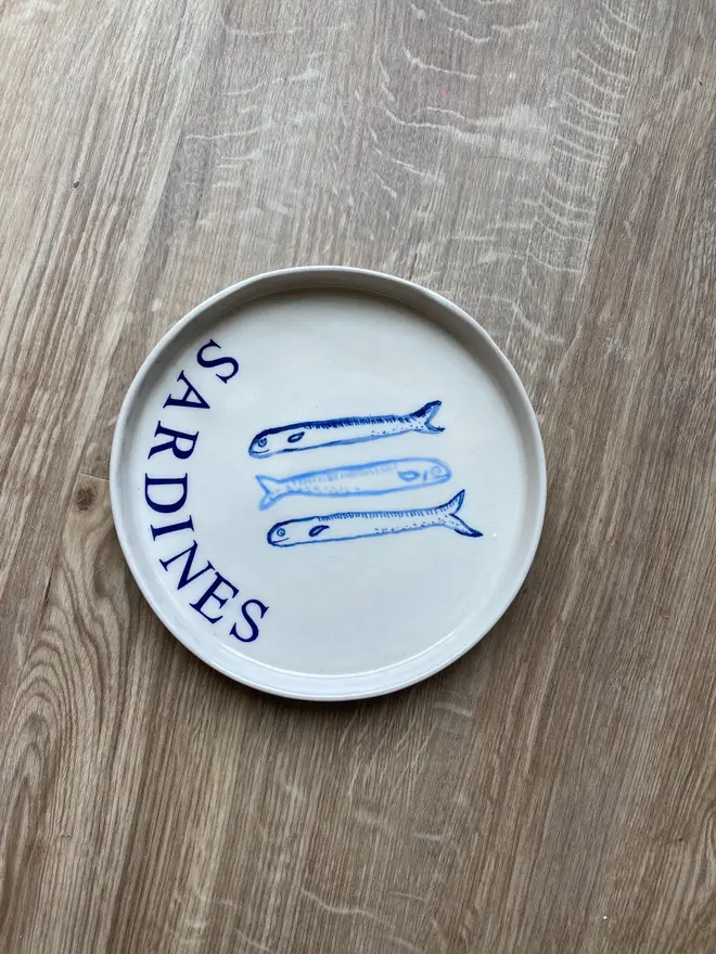 'Sardines' Ceramic Side Plate With 3 Blue Fish 