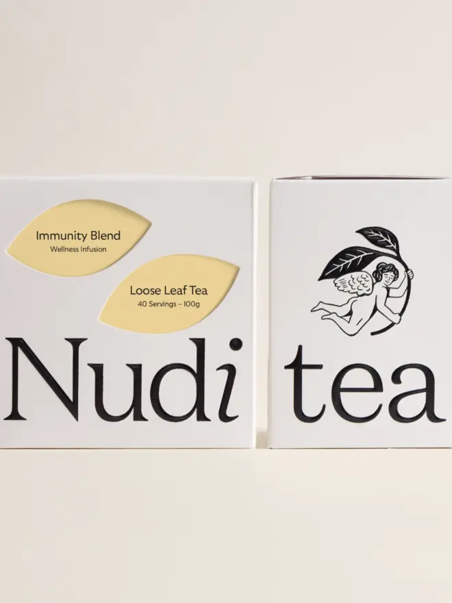 white box of immunity blend tea with yellow leaf design