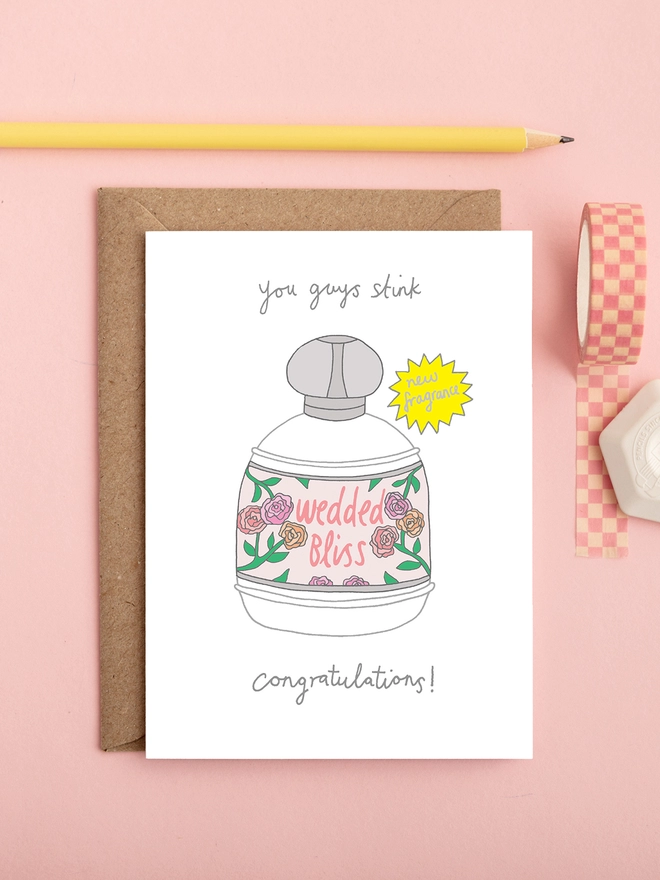 Funny wedding card featuring a bottle of perfume called 'wedded bliss'