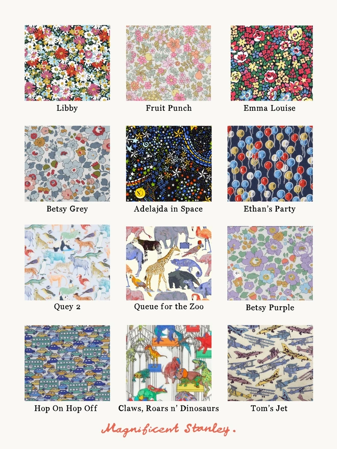the choice of 12 Liberty Print swatches including floral prints, zoo animals, cars and planes