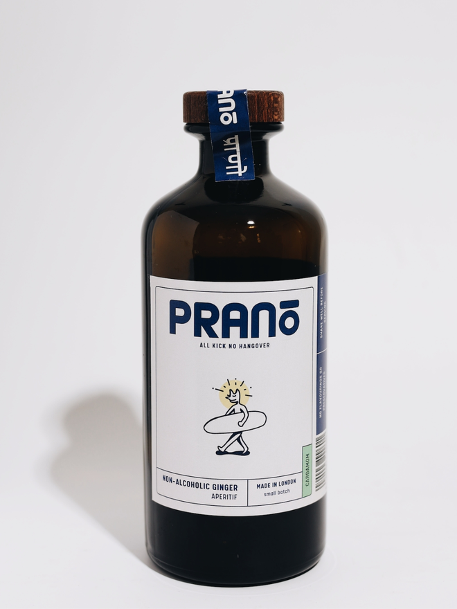 Dark brown bottle with white label reading 'prano' on a white background
