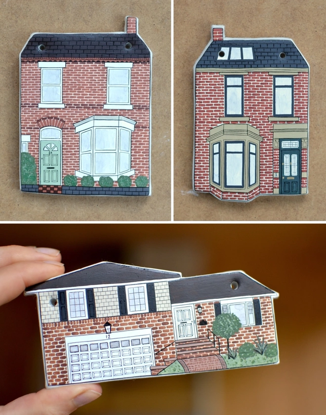 3 ceramic ornament in personalised design of a house