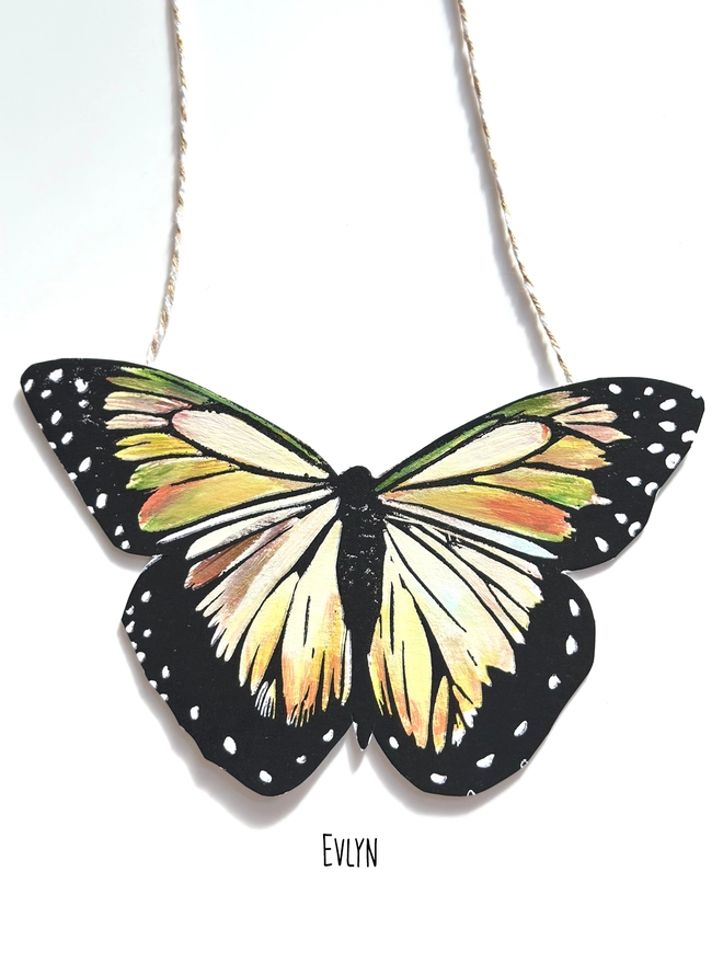 Hand Painted Butterfly Colourful Linocut Hanging Decoration In Orange Peach Greens and black