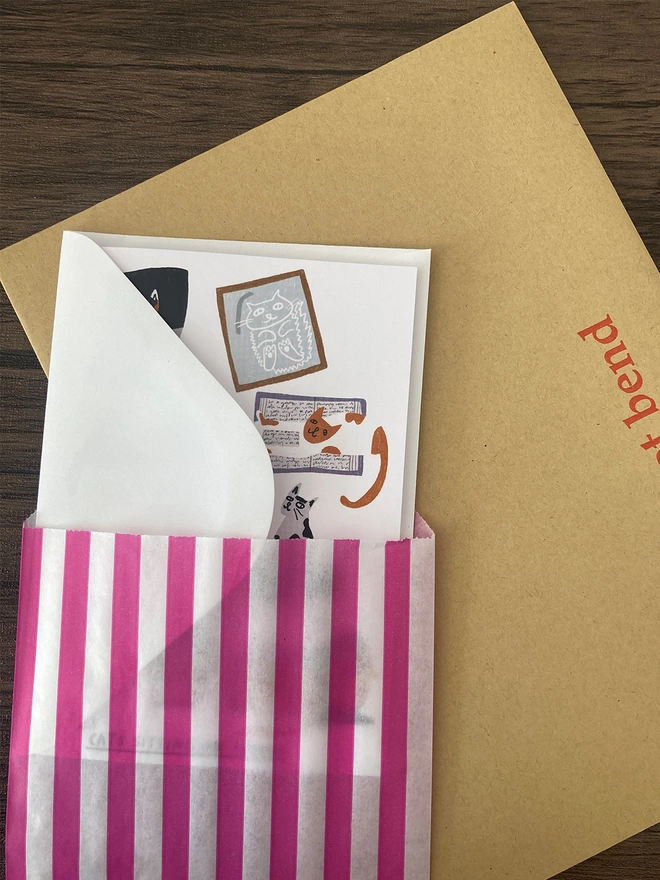 Cats card packed with a white envelope inside a paper bag