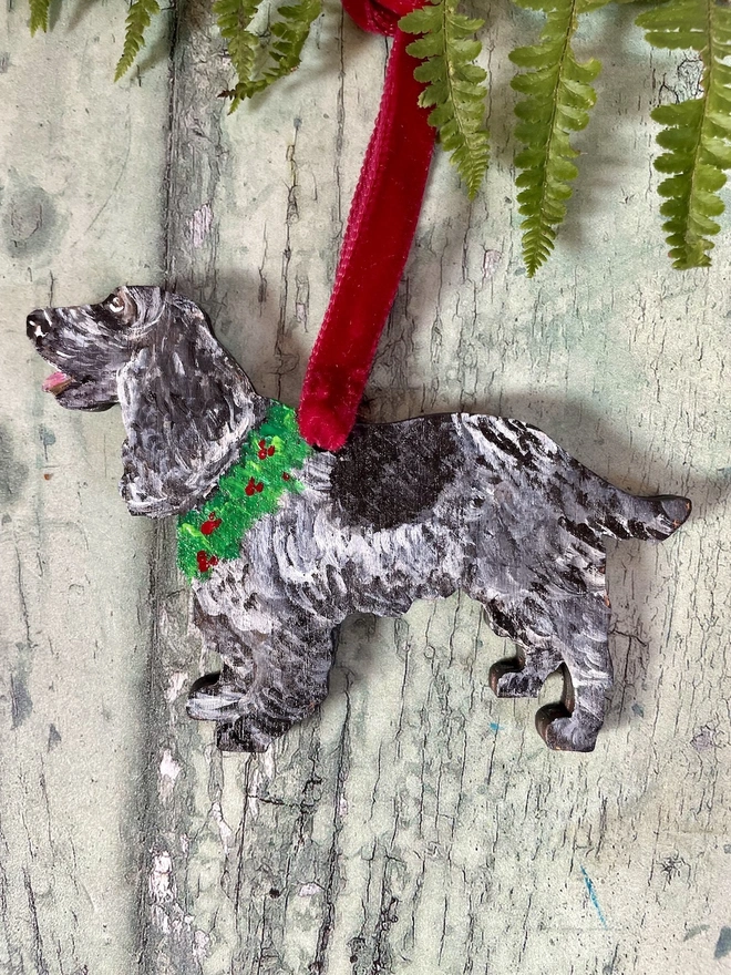 Cocker Spaniel Handpainted Christmas Decoration with red velvet ribbon to hang