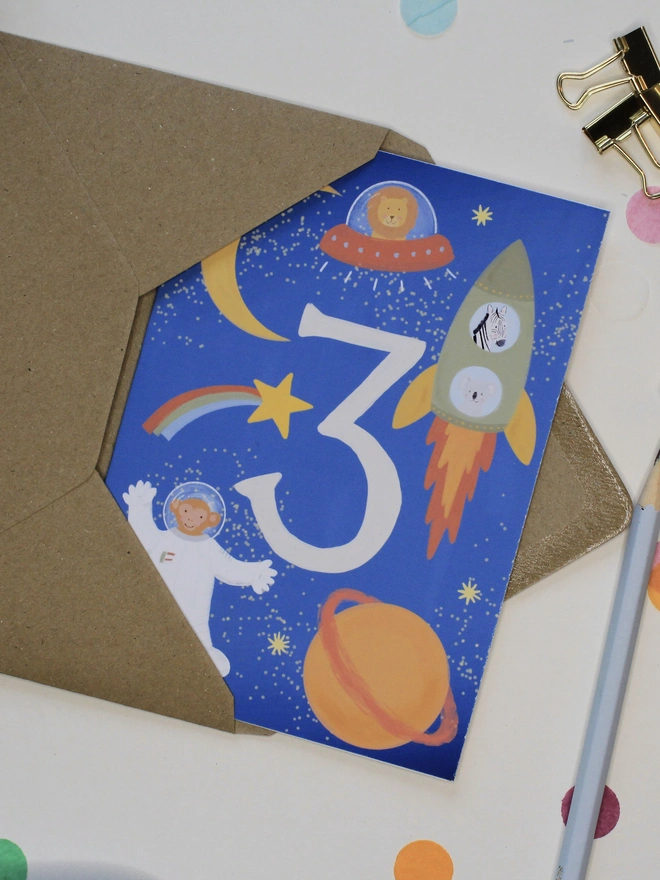 boys blue 3rd birthday card with animal  space rocket illustration