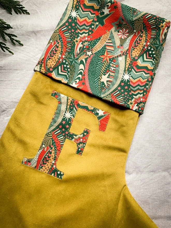 Gold velvet liberty print letter stocking