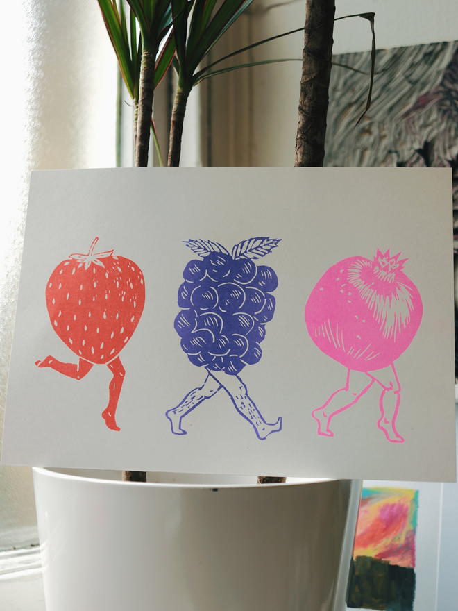 A print showing a white background with 3 fruit with legs walking across the page, a red strawberry, a purple blackberry and a pink pomegranate.