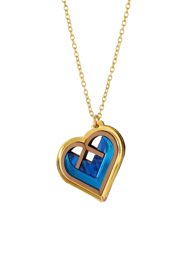 blue and gold heart shape necklace