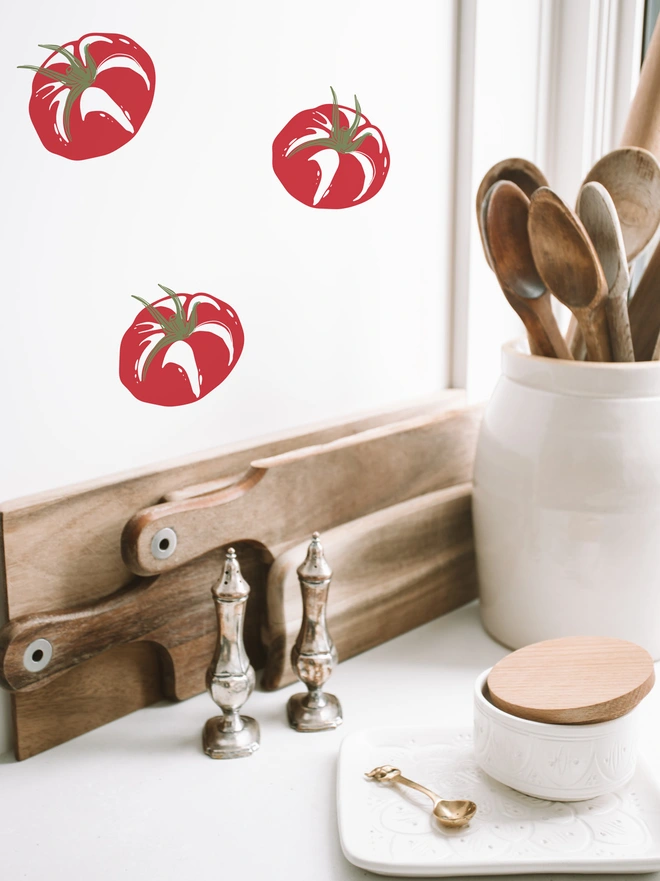 tomato wall stickers on a white wall in a kitchen