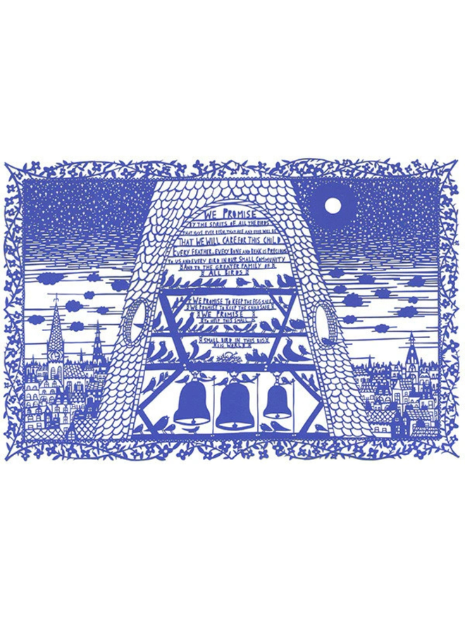 'We promise to keep the child safe' blue lasercut. Intricate blue lasercut artwork featuring the bottom of a bell tower with a town in the background.