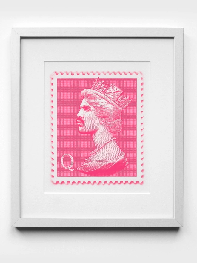 Pink Freddie Mercury Mini Stamp Art Print - White Frame